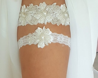 Pearl Wedding Garter, Lace Floral Wedding Garter, Light Ivory  Wedding Garter, Gift For Bride, Bridal Wedding Garter Set of 2, Embroidery