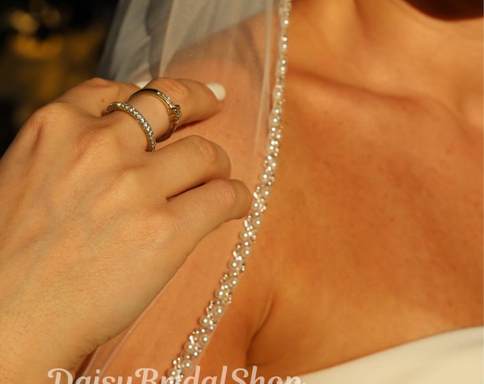 Featured listing image: Pearl Crystal Edge Wedding Veil: Ivory Tulle Bridal Veil