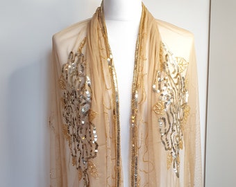 Luxury Gold Sequin Shawl, Gold Sequin Scarf, Party Evening Balls, Gift for her, Evening Wrap, Bridal Wedding Cape, Flapper Cover Up