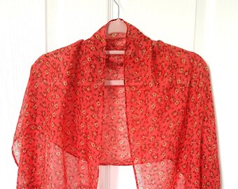 Lightweight Red Scarf, Gift for Her, Floral Scarf