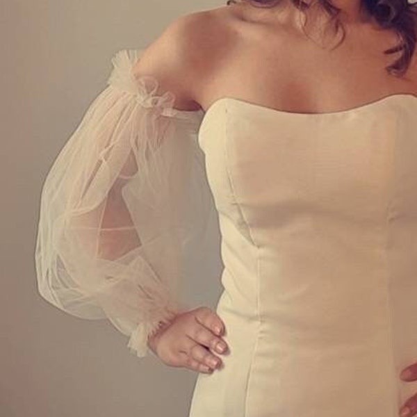 White Tulle Detachable Sleeves, Wedding Dress Sleeves,   Boho Dress Sleeves,, Off Shoulder Sleeves, Bridal Sleeves, Wedding Gloves