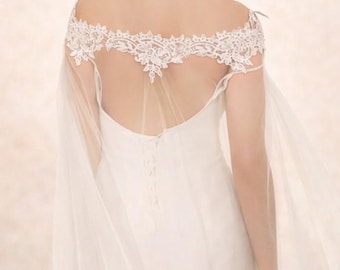 Off Shoulder Lace Wedding Cape: Cathedral Length Tulle Bridal Veil