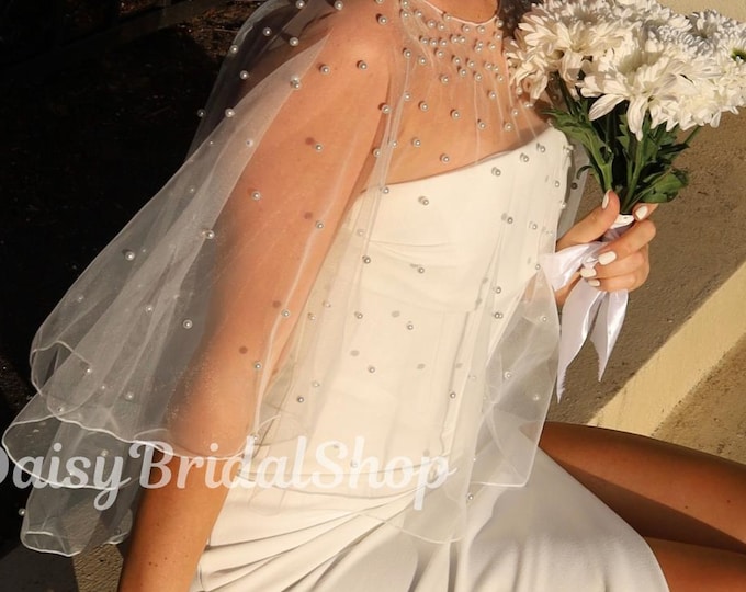 Featured listing image: Pearl Tulle Wedding Cape: Bridal Dress Cover Up - Ivory/White