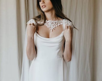 Elegant Lace Embroidery Wedding Cape/Veil, Off shoulder Bridal Cape, Soft Tulle, Bride Accessories, Off White, Cathedral Length, Long Veil