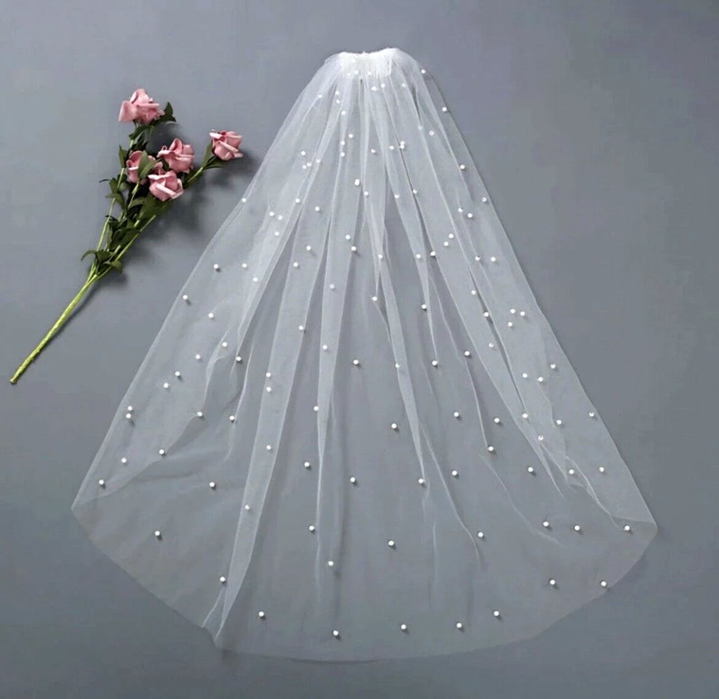 Elegant Pearl Wedding Veil with Hair Comb, Soft Tulle, Modern Bride, Elegant Wedding Veil, Bride Accessories, Cathedral length Long Veil image 9