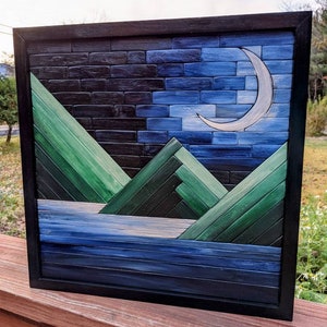 Mountain Lake in the Moonlight Wall Hanging // Nightscape Moonlit Wall Home Decor // Woodland Cabin Decor // Wooden Rustic Wall Art