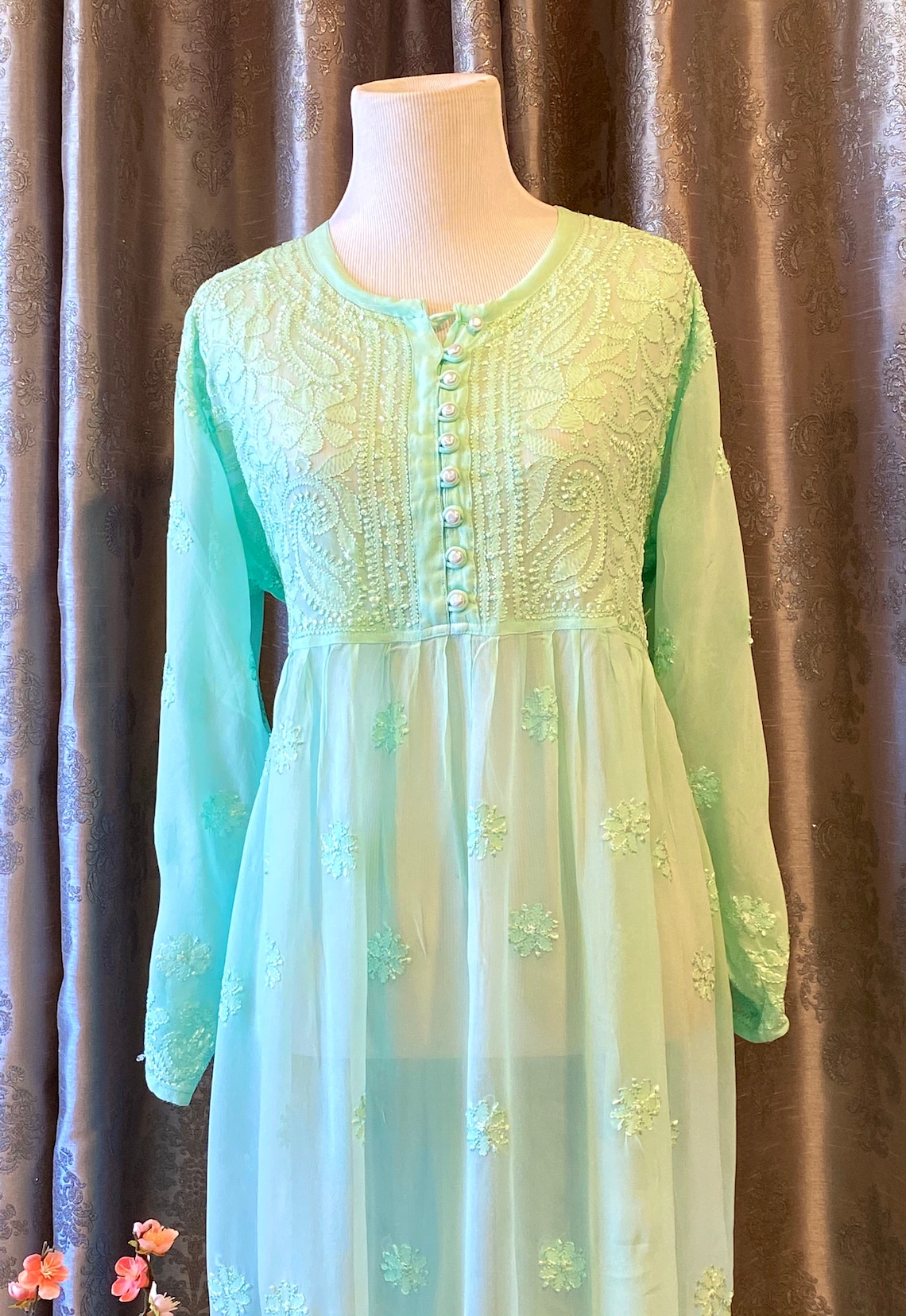 Hand embroidered long dress/ gown chikankari long dress/gown Etsy