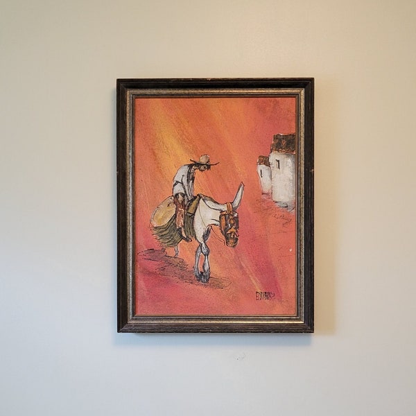 Vintage Mexican Style Painting, Man, Boy, Donkey, Framed Art, Wall Decor, SouthWest, Wall Hanging, Interior Design, Signed, Mid-Century, MCM
