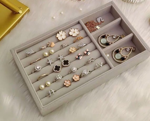 Velvet Earrings Rings Bracelet Tray Storage Box Jewelry Display Drawer  Organizer