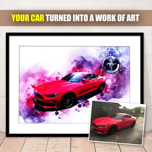 カスタムカーの水彩画ポートレート、車両の写真からアートワークの絵画、カーアート、お父さんやあなたの人生の男性への贈り物、父親用、デジタルファイル