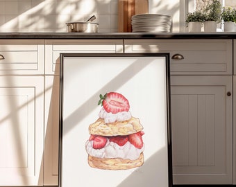 Strawberry Shortcake Art, American Food Poster, Strawberry Shortcake Print, Dessert Wall Art, Cute Strawberry Shortcake, Dessert Art Print