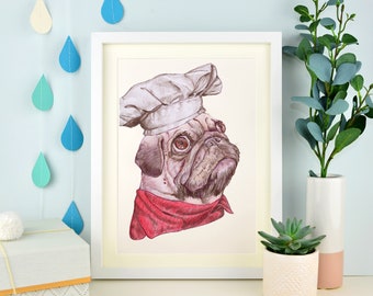 Pug Drawing Art Wall Print  - Chef Pug Drawing