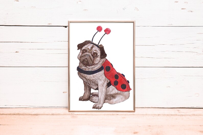 Pug Ladybug Art Print / Pug Drawing / Dog Drawing / Dog Art / Dog Lover Gift / Cute ...