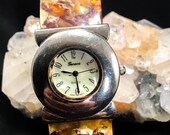 1950s Geneva plastic tortoise shell cuff watch, pearl shell in resin bangle wristwatch, brown retro statement watch, rare find jewelry