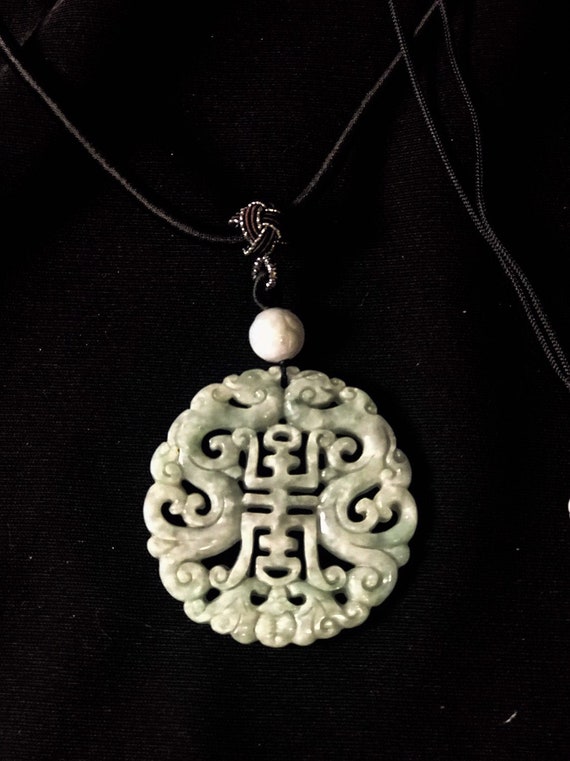 Vintage Chinese Genuine Light Jade Necklace Silk Rope - Chinese Good Luck Jade Pendant Vintage Chinese Genuine Light Jade Necklace Silk Rope - Chinese Good Luck Jade Pendant