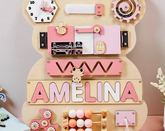 Custom Pinky Bear Busy Board, Kid Wooden Name Puzzle, Personalized Baby Gift, Montessori Toys, Sensory Board, Baby Development Busy Board,