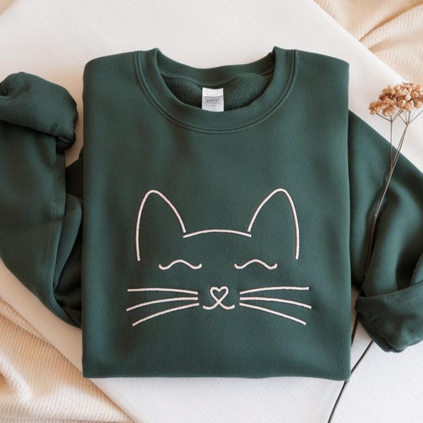 Embroidered Cat Face Sweatshirt, Gift For Cat Lover