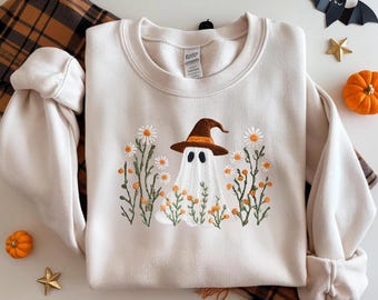 Embroidered Halloween Ghost Sweatshirt: Wildflower Spooky Season Tee