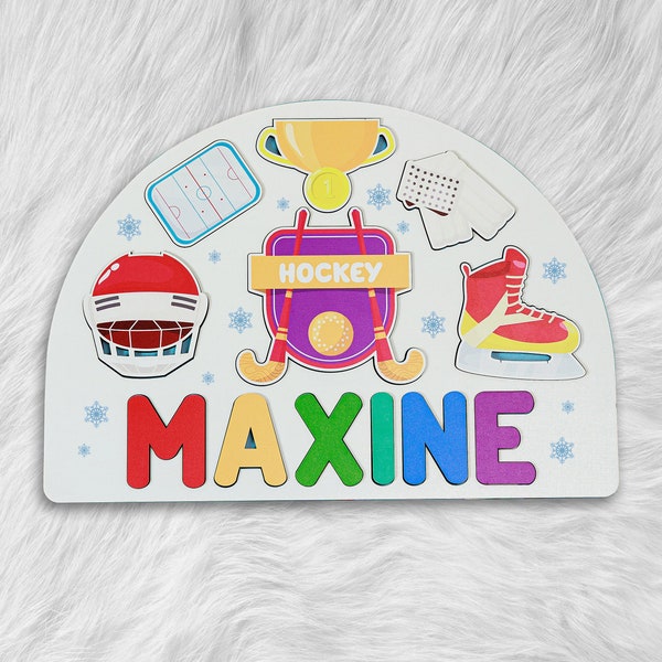 Personalized Baby Boy Hockey Wooden Name Puzzle Two Layers Custom Matching Game Birthday Gift Puzzle Toddler Montessori Toys Baby Gift