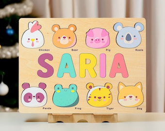 Personalized Baby Girl and Boy Woodland Animals Wooden Name Puzzle Custom Puzzle Toddler Montessori Toys Custom Baby Gift for Animal Lovers