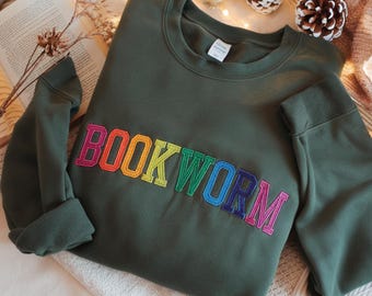Bookworm Embroidered Sweatshirt, Comfort Colors Book Lover Gift