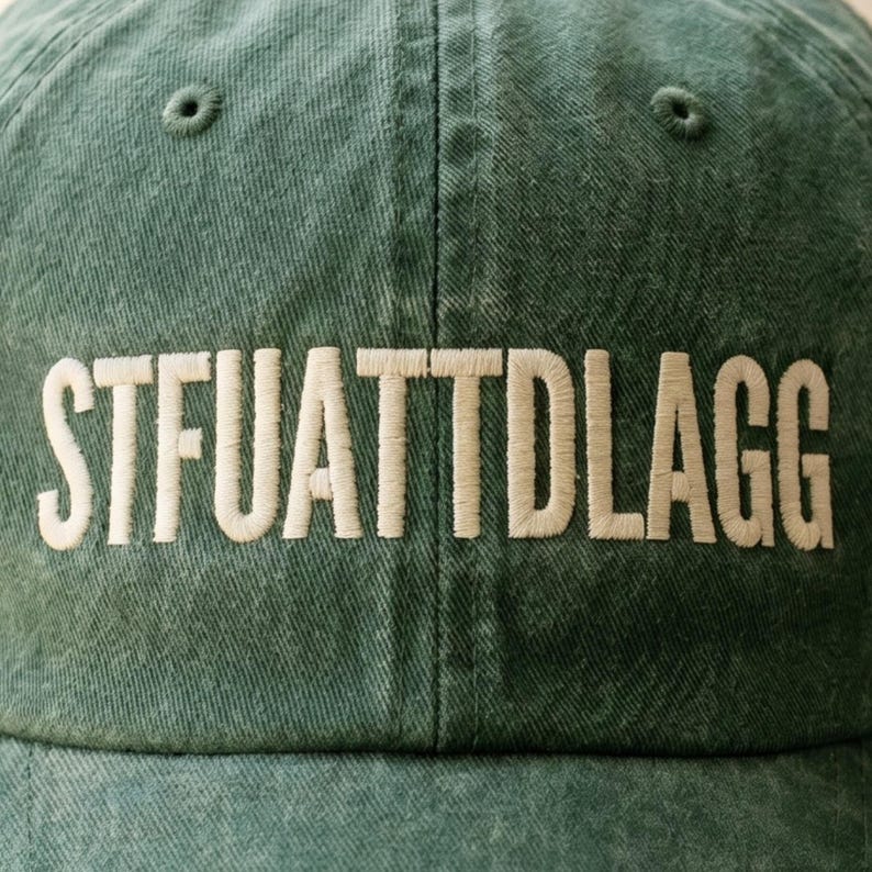 May include: A green baseball cap with the embroidered text "STFUATTDLAGG" in off-white. The cap has a curved brim and a fabric strap closure. The hat is made of a soft, textured material.
