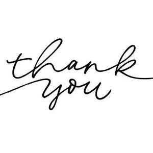 May include: Handwritten calligraphy in black ink that says "thank you" on a white background.