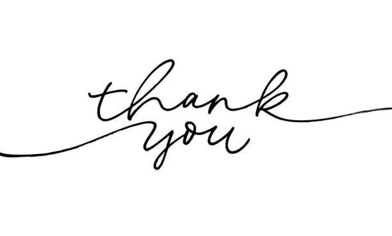 May include: Handwritten calligraphy in black ink that says "thank you" on a white background.