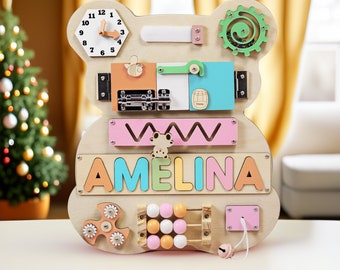 Personalize Baby Busy Board, Kid Wooden Name Puzzle, Personalized Baby Gift, Montessori Toys, Sensory Board, Baby Development Busy Board,