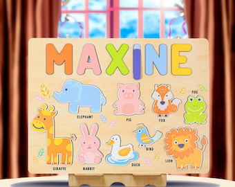 Personalized Baby Woodland Animal's World Wooden Name Puzzle Custom Puzzle Toddler Montessori Toys Custom Baby Gift for Animal Lovers