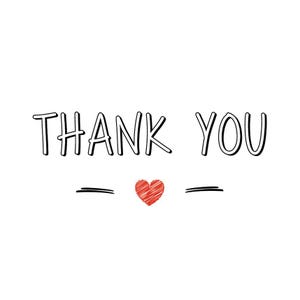 May include: Hand-drawn text that says "THANK YOU" with a red heart drawn between two dashes.
