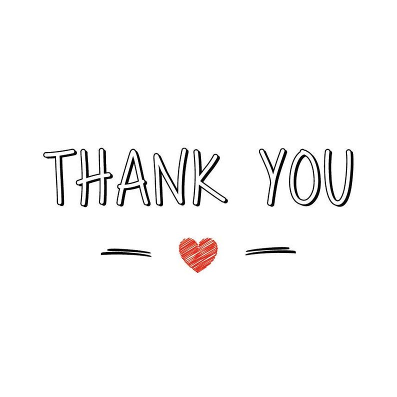 May include: Hand-drawn text that says "THANK YOU" with a red heart drawn between two dashes.