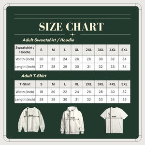 May include: A size chart for adult sweatshirts, hoodies, and t-shirts. The chart displays measurements in inches for width and length across various sizes, from S to 5XL. The image includes illustrations of the apparel.