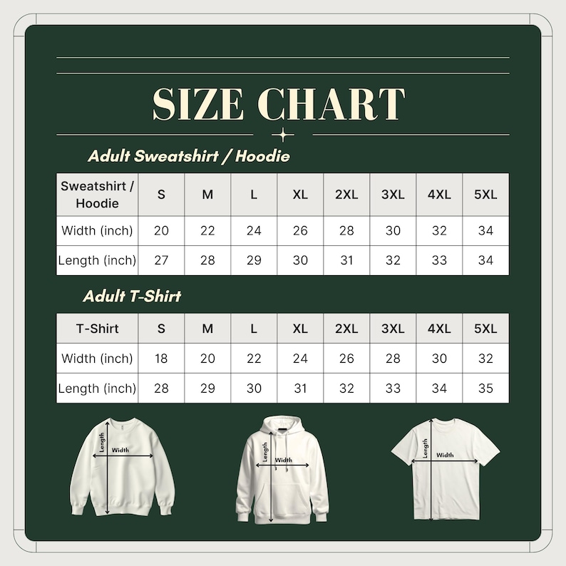 May include: A size chart for adult sweatshirts, hoodies, and t-shirts. The chart displays measurements in inches for width and length across various sizes, from S to 5XL. The image includes illustrations of the apparel.