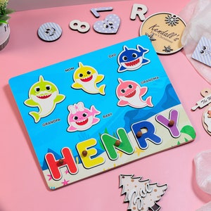 Personalized Baby Shark Wooden Name Puzzle with Ocean Background Custom Nursery Decor Ocean Puzzle Toddler Montessori Toys Gift for Baby