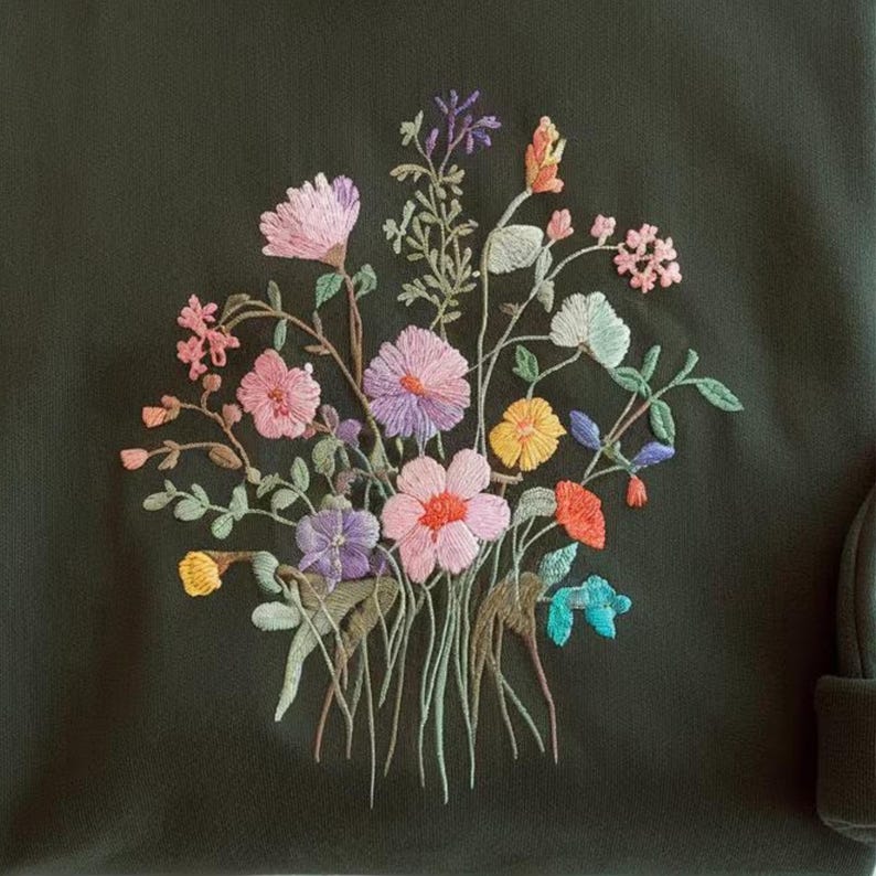 May include: Dark green sweatshirt featuring a colorful embroidered floral bouquet. The embroidery includes pink, purple, yellow, and orange flowers with green leaves and stems. The design is centered on the sweatshirt.
