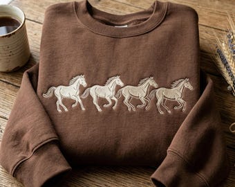 Embroidered Wild Horses Sweatshirt, Western Running Horses Nature Top
