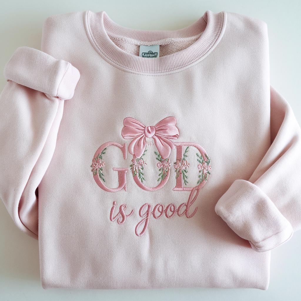 God is Good Embroidered Sweatshirt: Christian Crewneck