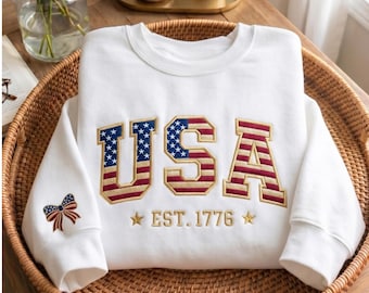 Embroidered USA Est. 1776 Sweatshirt, Coquette Patriotic Tee, Preppy Women's 4th Tees