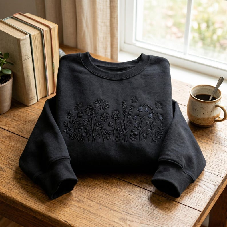 May include: A black sweatshirt with an embroidered floral design across the chest. The crew neck sweatshirt is folded on a wooden table, with a coffee mug and books in the background. The floral design includes various flowers and leaves.
