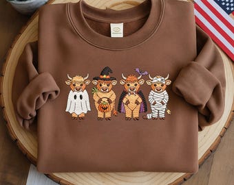 Embroidered Highland Cow Halloween Sweatshirt: Spooky Ghost Tee