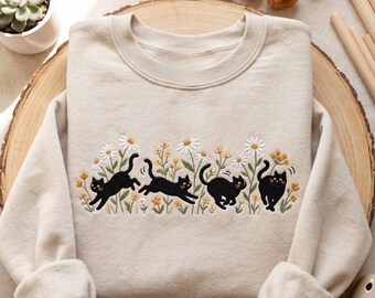 Embroidered Black Cat Sweatshirt, Cats Lover Gift, Kitten Tee, Cottagecore Cat Owner Gifts