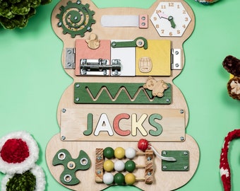 Custom Green Bear Busy Board Kid Wooden Name Puzzle Personalized Baby Gift Montessori Toys Sensory Board Baby Boy Development Busy Board