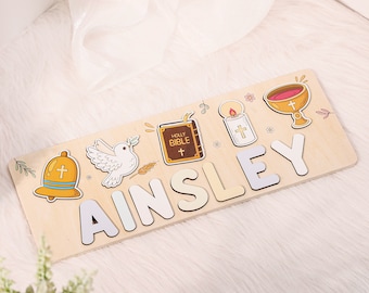 Personalize Christening Gift - Catholic Wooden Name Puzzle, Gift For Goddaughter, Baptism Baby Present, Baby Dedication Gift - Baptism Gift