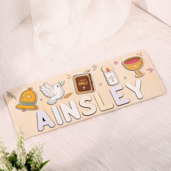 Personalize Christening Gift - Catholic Wooden Name Puzzle, Gift For Goddaughter, Baptism Baby Present, Baby Dedication Gift - Baptism Gift