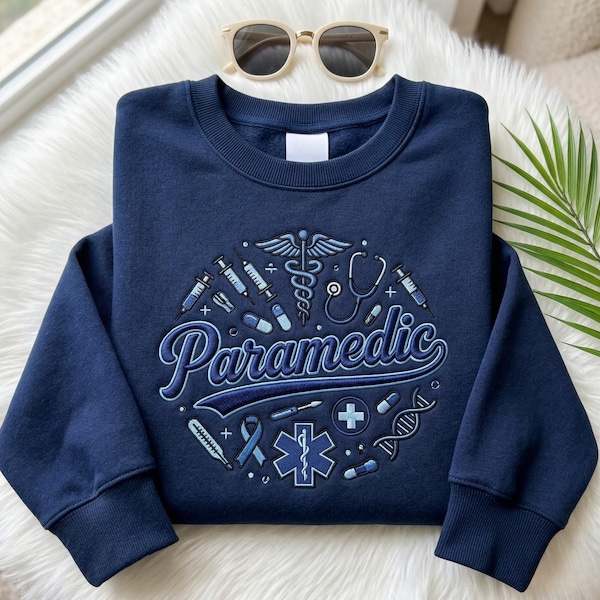 Embroidered Paramedic Sweatshirt, EMT Medical Caduceus Stethoscope Syringe Design Tee
