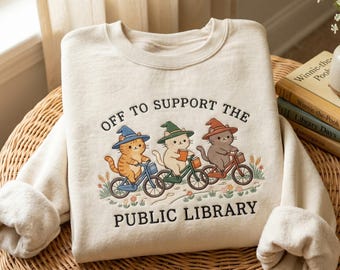 Embroidered Off to Support Public Library Sweatshirt, Bookish Funny Frog Reading Tee, Weirdcore Shirts