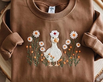 Sweat-shirt brodé canard infirmière, Daisy floral cadeaux d'allaitement infirmière autorisée