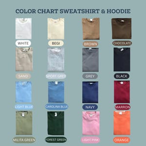 Puede incluir: Tabla de colores de sudaderas y sudaderas con capucha. La tabla incluye blanco, beige, marr&oacute;n, chocolate, arena, gris deportivo, gris, negro, azul claro, azul Carolina, marino, granate, verde milita, verde bosque, rosa claro y naranja.