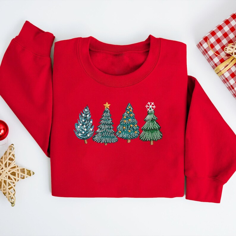 Green Tree Christmas Sweatshirt, Embroidered Christmas Tree Sweatshirt